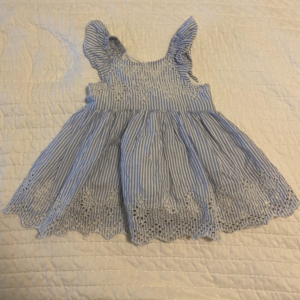 Gap flutter sleeve blue and white striped eyelet dress